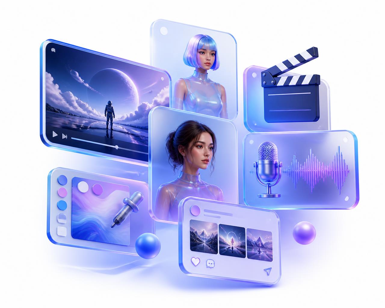 Illustration of AI-created videos, images, influencers, movies, voice and design content