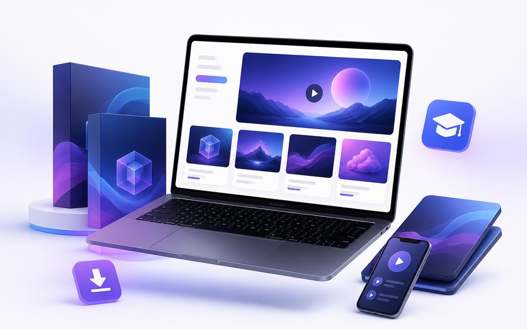 Digital product mockups on a laptop with course modules