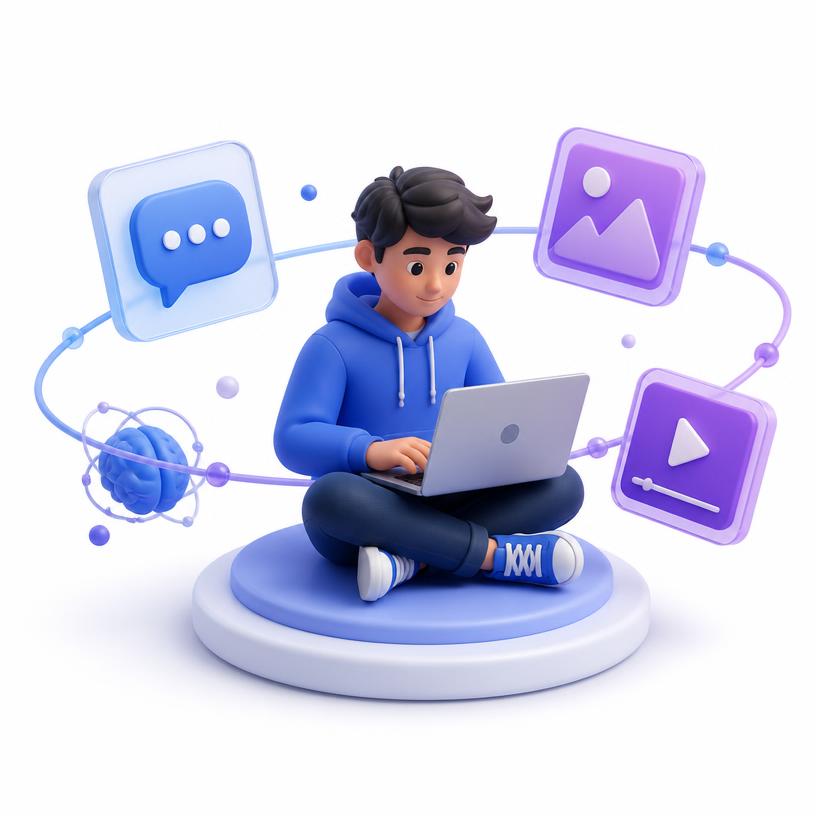 Beginner exploring AI on a laptop with floating chat, image and video icons