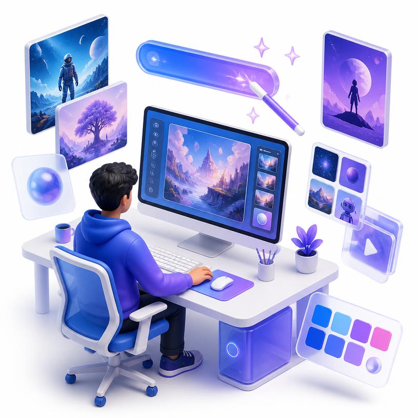 Creator generating AI images and editing visuals with creative prompts
