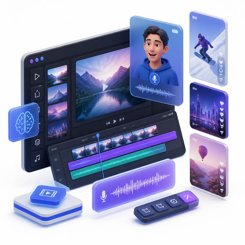 AI video workspace with avatars, voiceovers, cinematic scenes and social content