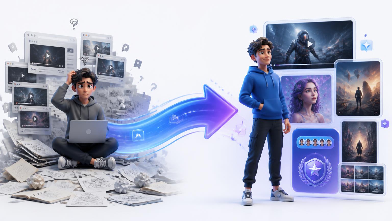 A confused learner surrounded by scattered tutorials transforming into a confident AI creator with finished projects